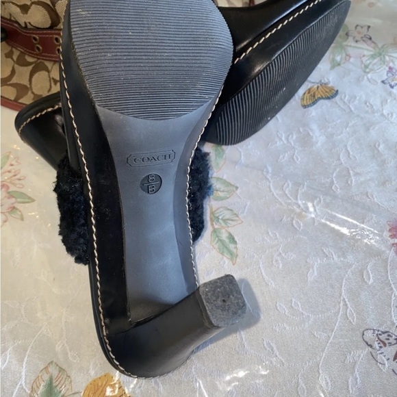 Coach Slip On Kacie mules black leather shearling trim high heel size 8B - Picture 4 of 8